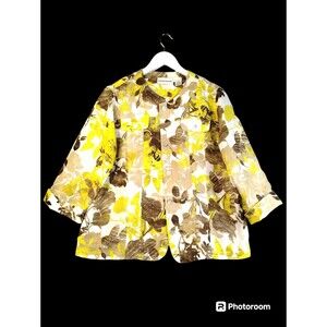 Alfred Dunner Blazer Womens 16 Round Neck Button Up Poly Yellow Taupe Florals